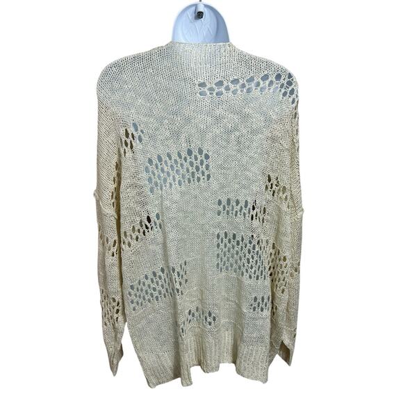 Beige Open Knit Cardigan Sweater Sz Large Long Fit Lightweight Long-Sleeve - Picture 4 of 5